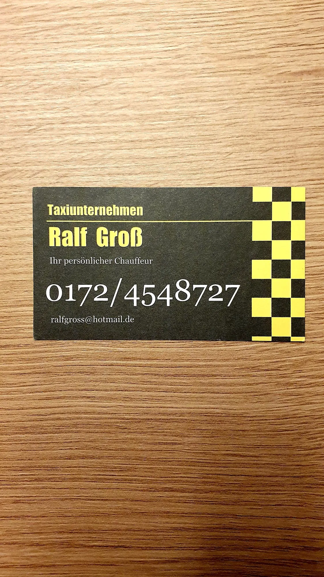 Visitenkarte von Ralf Groß Taxiunternehmen Ihr persönlicher Chauffeur